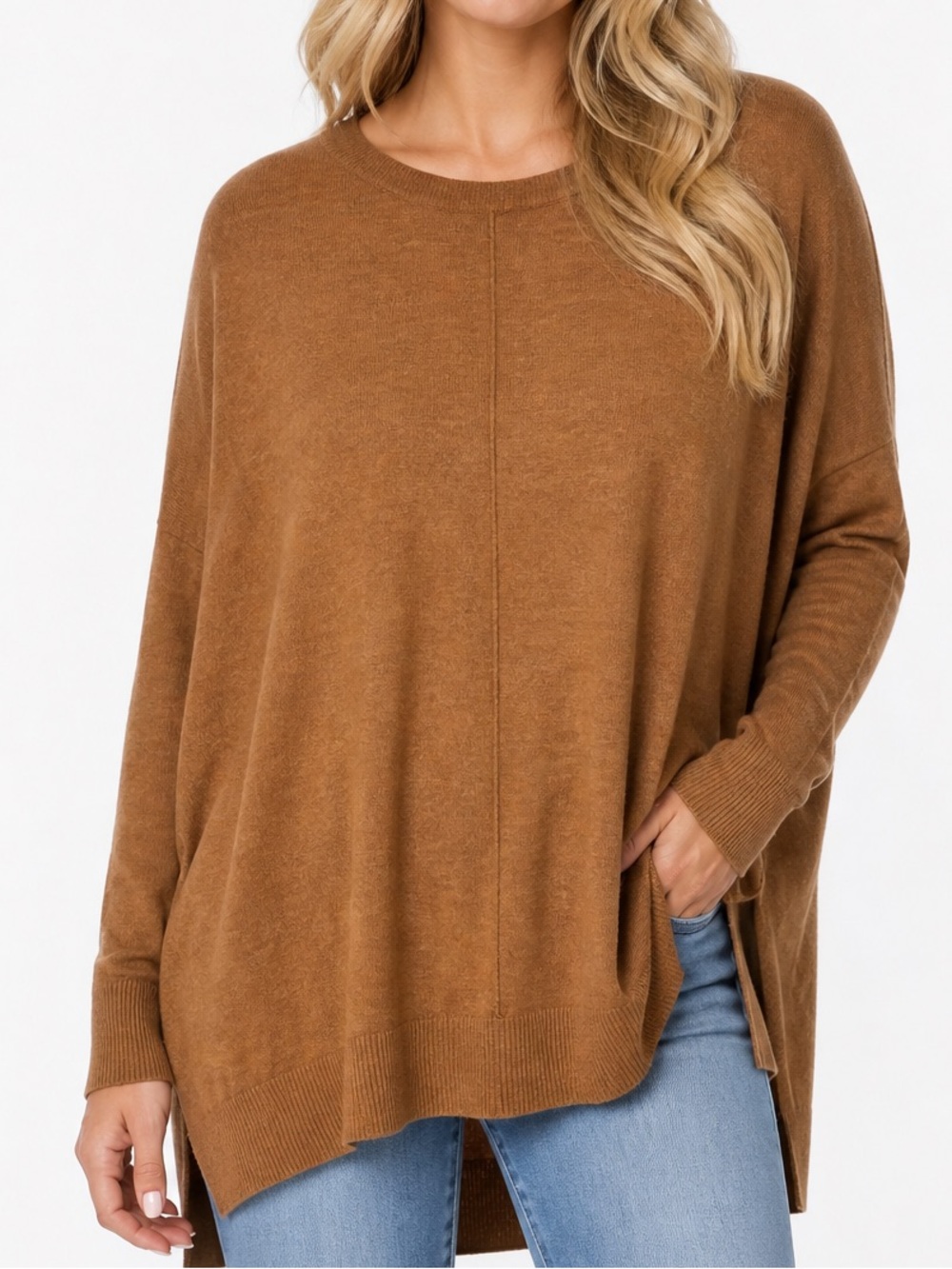 Dreamers Sweater M/L Brown Knit Tunic Crew Neck High Low Hem Soft